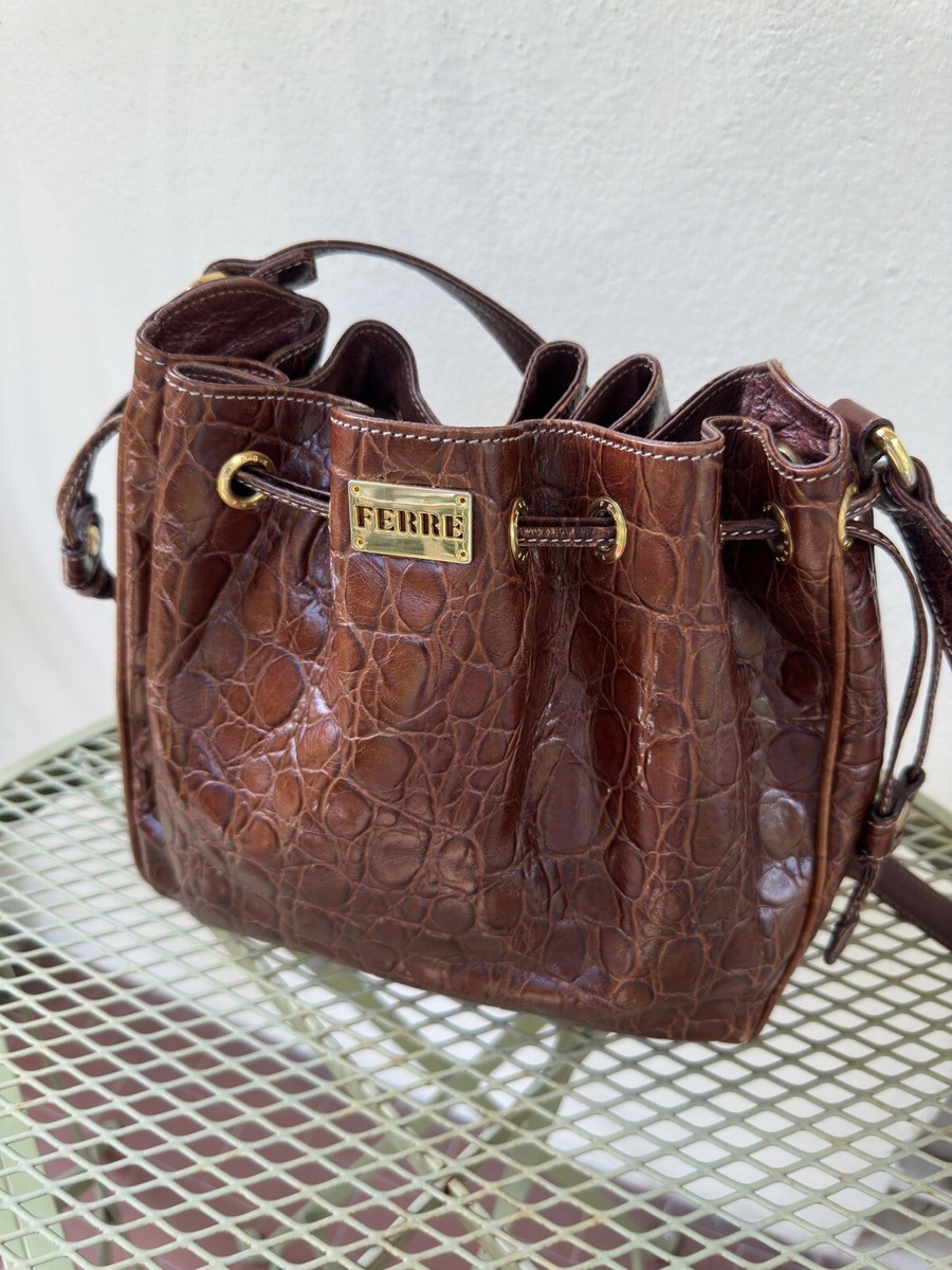 Gianfranco Ferre Vintage Croc Embossed Leather Bucket Bag Brown