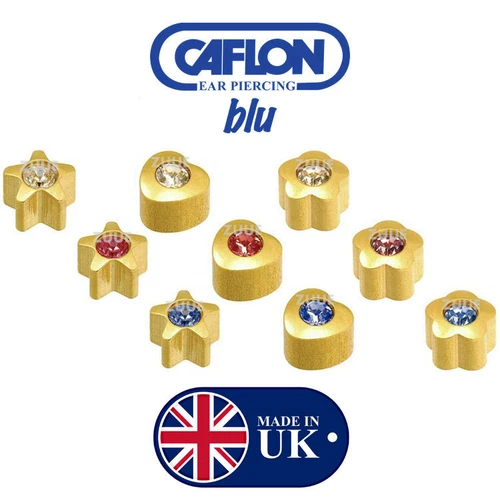 CAFLON BLU CRYSTAL INSET SHAPES, GOLD PLATED EAR PIERCING STUD EARRINGS