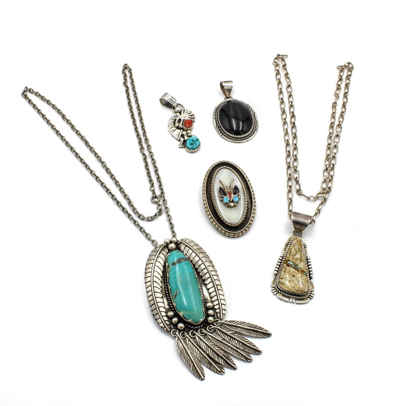 Signed Southwest Sterling Turquoise MOP Onyx Necklace Pendant Lot of 5 #S5480-3