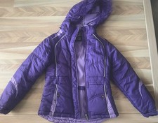 The North Face Girls Purple Puffer Jacket Hooded Faux Fur Trim Mid-Length Zip