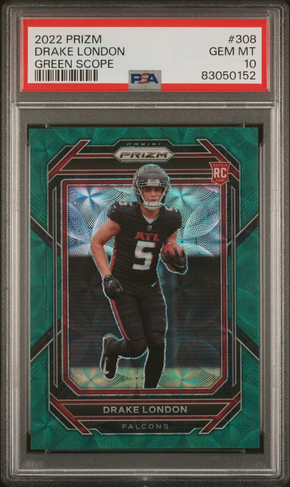 2022 PANINI PRIZM GREEN SCOPE #308 DRAKE LONDON 52/75 PSA 10