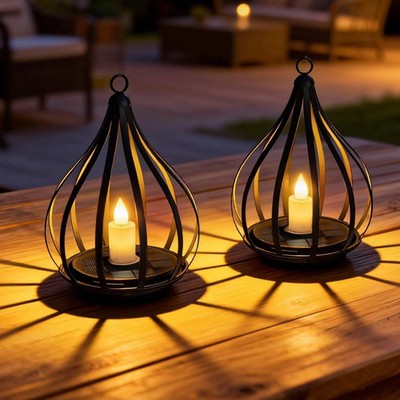 2PK  KAGOLING BLACK METAL HANG SOLAR LANTERN LIGHT FLAMELESS CANDLE GARDEN DECOR