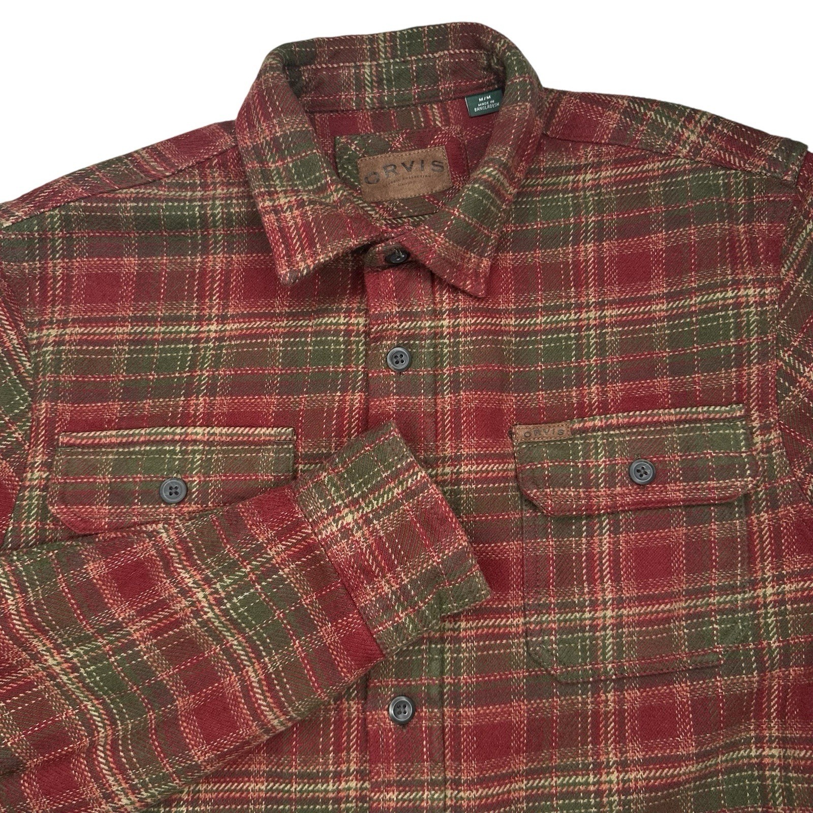 Orvis Flannel Big Bear Jacket Mens Medium Red Green Plaid Heavy Shirt Shacket
