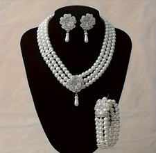 WUNDERSCHÖNES 3-TEIL. BRAUTSCHMUCK PERLEN STRASS SCHMUCKSET: COLLIER•ARMBAND•OHR