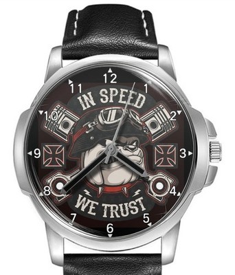 Bulldog Speed Rider Fun Biker Lederband großes Zifferblatt Geschenk Armbanduhr