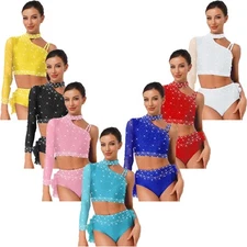Womens Dancewear One Shoulder Tops Elegant Crop Top Back Feather Latin Stage