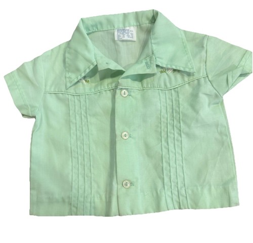 VTG Pastel Mint Green Baby Boy Top Embroidered Puppy Dog Cuban Shirt 0 3 Months