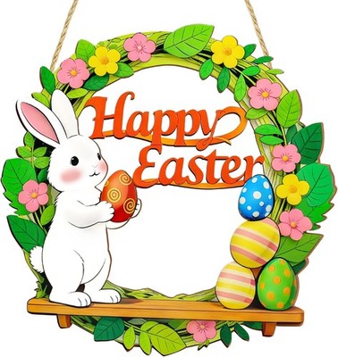 Easter Door Sign Wreath   Wooden Easter Wreath for Front Door, Bunny & Egg Dec