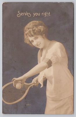 #ad 1913 RPPC quot;Serves You Rightquot; Woman Tennis Player Sioux Falls SD Postcard $39.99