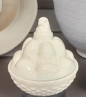 VTG Westmoreland Milk Glass Chick On Eggs Lid Weave Basket Trinket Candy Dish