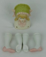 Reproduction Matte REPLACEMENT CHINA DOLL HEAD ARMS LEGS Pink Green Bonnet