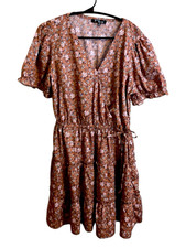 Boho Floral Midi Dress 1X Brown Blush Pink Cottagecore Puff Sleeve Tie Waist