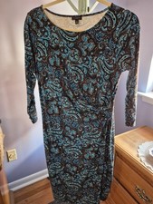 Talbots Brown Blue Paisley Jersey Ruched 3/4 Sleeve Sheath Dress M