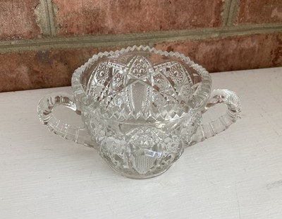 Antique McKee EAPG Fentec Sawtooth PresCut Glass Double Handle SugarBowl Spooner