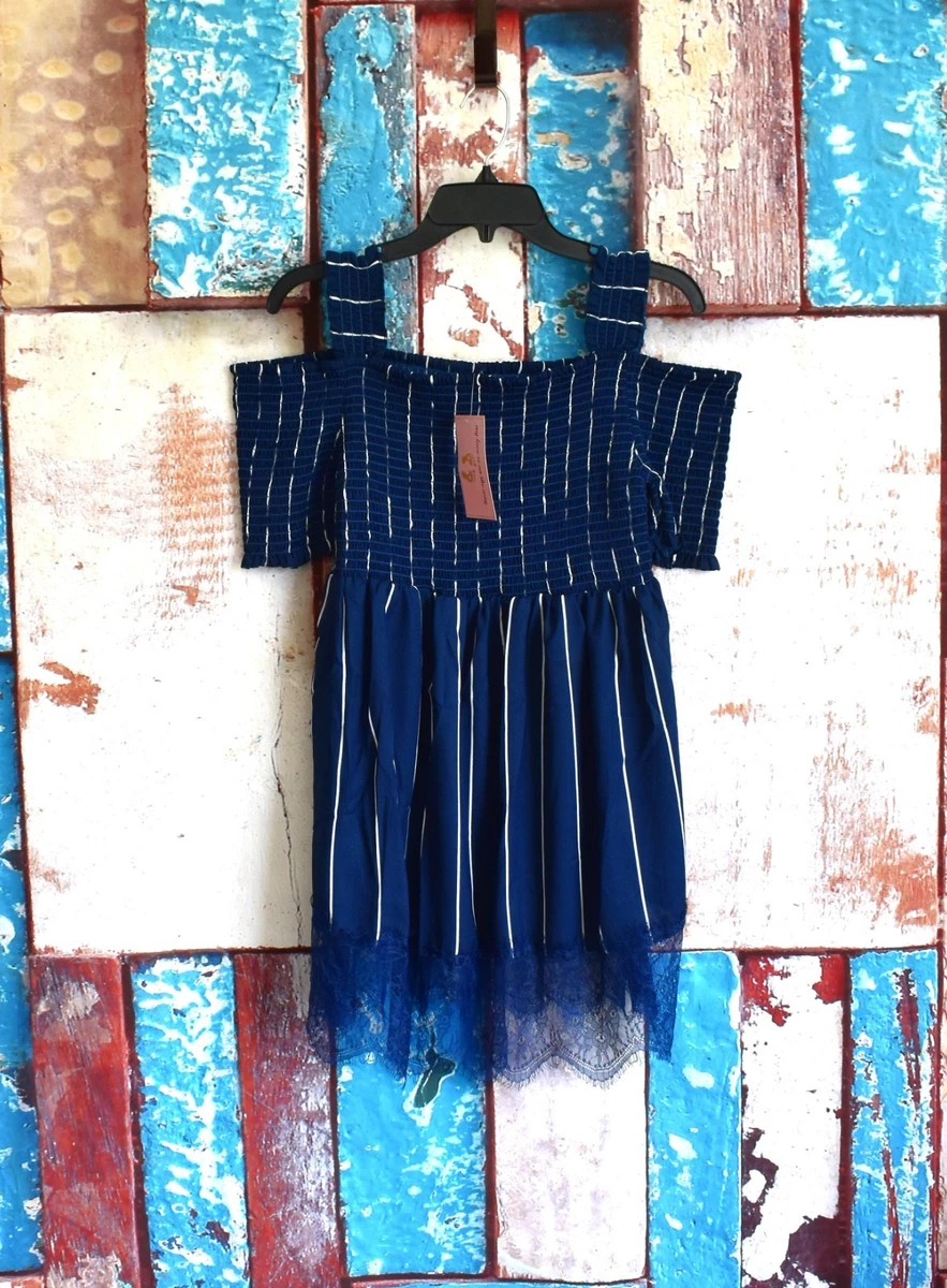 Girls Youth Love Maternity Short Sleeve Dress XLARGE Blue Striped NEW