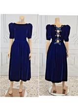 Victor Costa Vintage 1980s Blue Velvet Poof Sleeve Prom Formal Dress size 8
