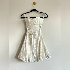 Vintage Jessica McClintock White Silver Strapless Bubble Hem Mini Dress Size 6