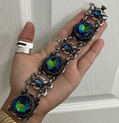 VTG DESIGNER SCHIAPARELLI JUMBO SILVER TONE BLUE WATERMELON RHINESTONE BRACELET