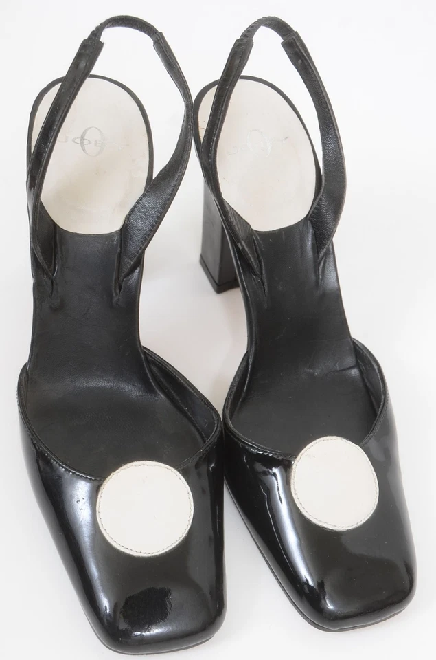 Joey-O Black White Dot Leather Slingback Pump Heels Women's 7.5 Retro Rockabilly - Image 2 of 4