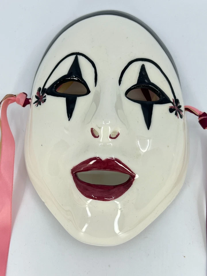 1980s Porcelain Masquerade Mask Hand-Made Hand-Painted Star Eyes Pink Ribbons - Image 4 of 4