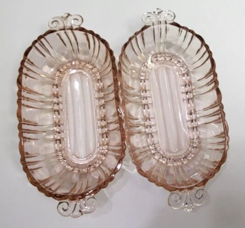 2 Pink Depression Anchor Hocking Rose Pink Glass Oval Pickle Relish Olive Dishes