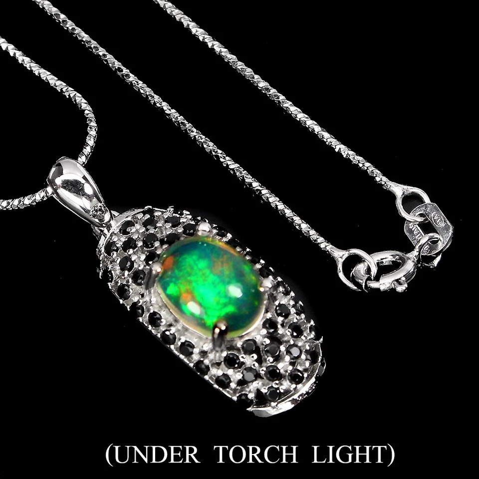 925 Sterling Silber Oval Feuer Opal 9x7mm Schwarzer Spinell Halskette 16 Zoll - Bild 1 von 4