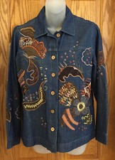 Breckenridge Jacket Blue Denim Button Up Earthtone Embroided Floral Womens Small