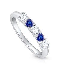 Real Lab Grown Diamond & Simulated Sapphire 5 Stone Wedding Band 14K Gold 0.60Ct