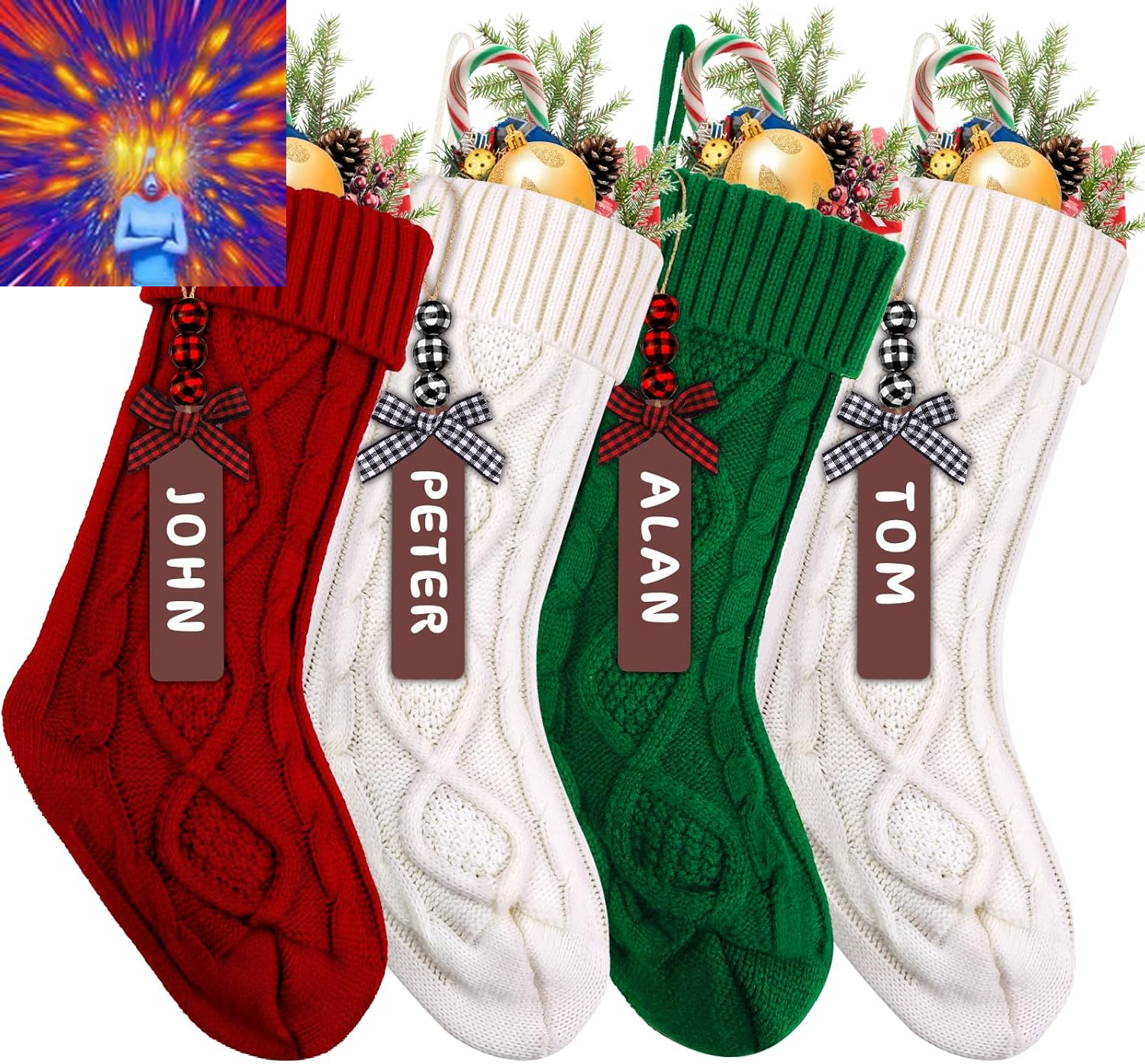 4PCS Christmas Stockings, 18Inch Large Personalized Cable Knitted Xmas Hanging S