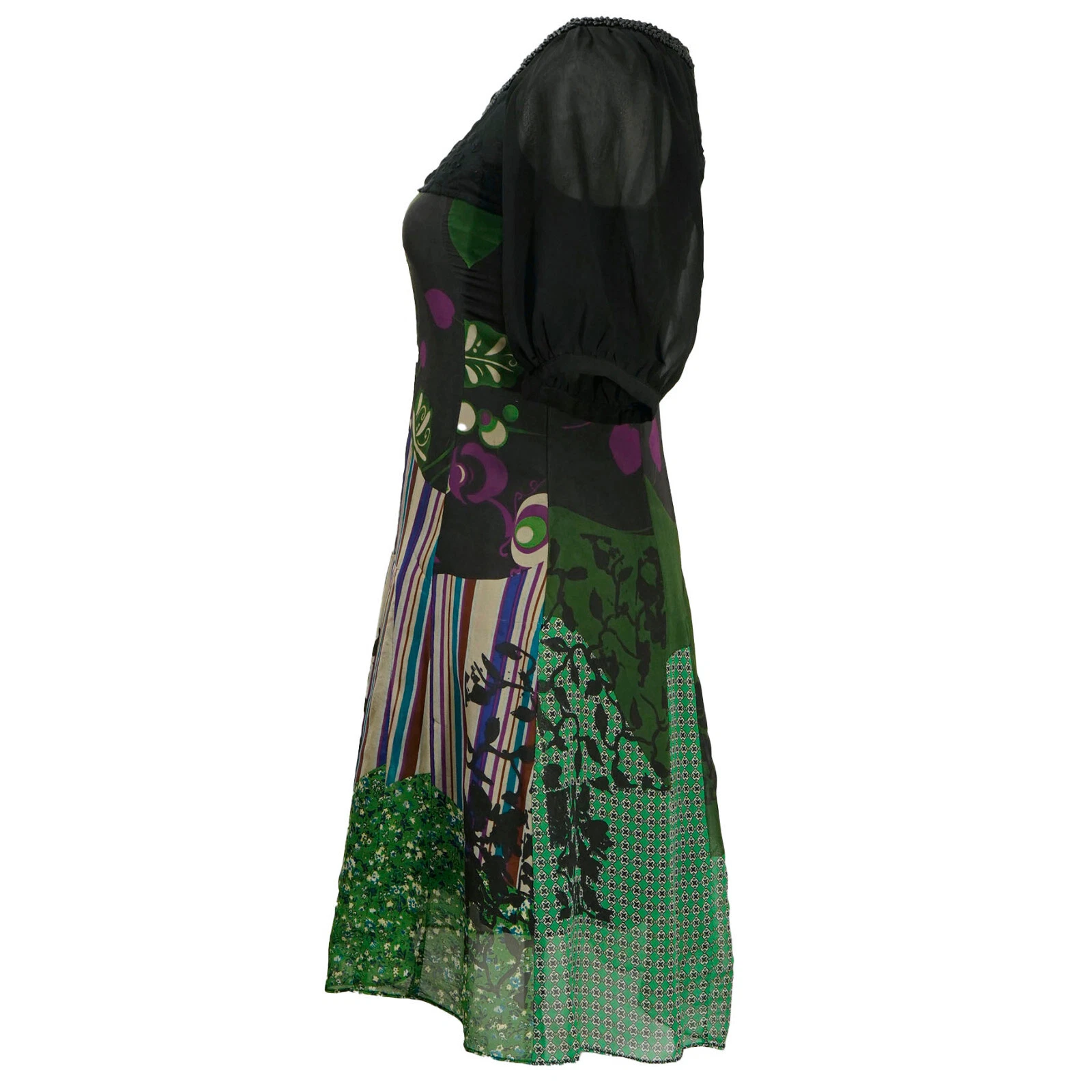 Abito midi vintage Kenzo Y2k seta stravagante retrò scoop stampa mista aderente svasato taglia 38