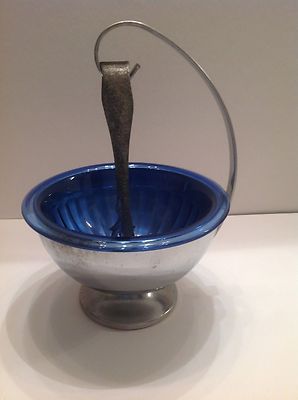 Hazel Atlas Cobalt Ritz Blue Ice Bowl in Chrome stand w Claw Tongs, Deco 8'' dia