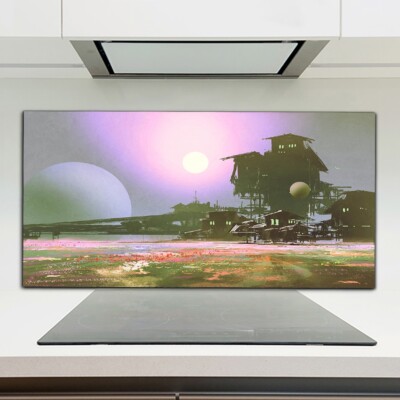Fabrik Industrie Sci-Fi Feldblumen Küchenrückwand Spritzschutz auf Glas 120x60