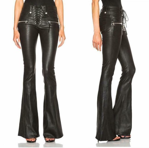 Womens Slim Punk PU Leather Flare Pants 