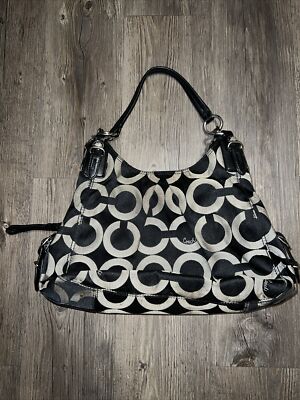 Coach Maggie Mia Black Gray Signature Op Art Hobo Shoulder Bag