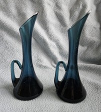 MCM Blue Vases 7" Tall Set Of 2