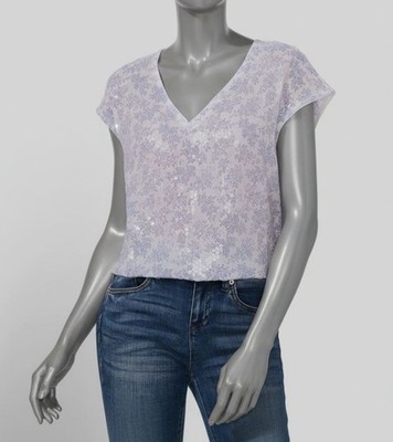 CeCe Women's White Sequined Floral Print V-Neck Cap-Sleeve Blouse Top Size XS