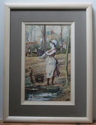 Viktorianisches Aquarell von S.H. Bischof 1889 - Waschfrau Genreszene gerahmt