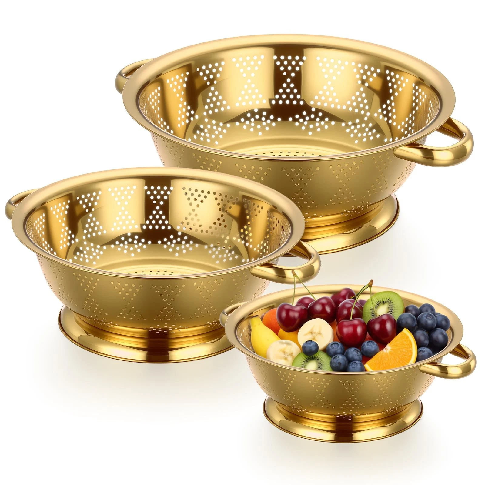 3 PCS Gold Colander Set 1/2.5/4 Quart Stainless Steel Strainer Basket