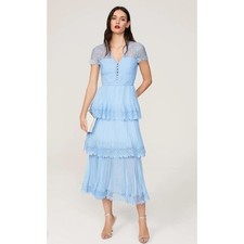 Self Portrait light blue lace midi dress with tiered skirt and lace trim