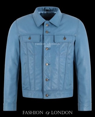 Herren Himmelblau Kiesel Narben Leder Trucker Jacke Western Style Knopfleiste Jacke