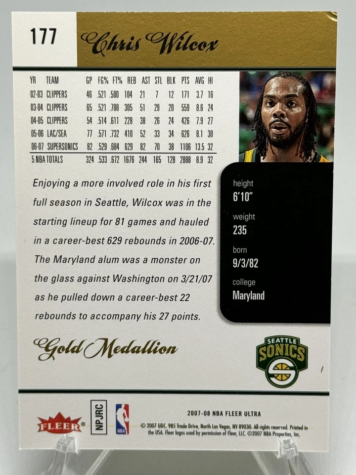 Chris Wilcox 2007-08 Fleer Ultra Gold Medallion #153 Seattle SuperSonics - Image 2 of 2