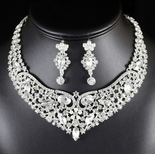 Exquisite Pearl Crystal Rhinestone Bib Necklace Earring Set Bridal Prom Wed N108