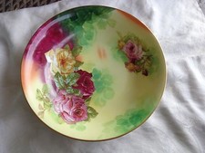 ANTIQUE LIMOGES FRANCE HAND PAINTED BOTH SIDES DEEP RED PINK YELLOW ROSES BOWL