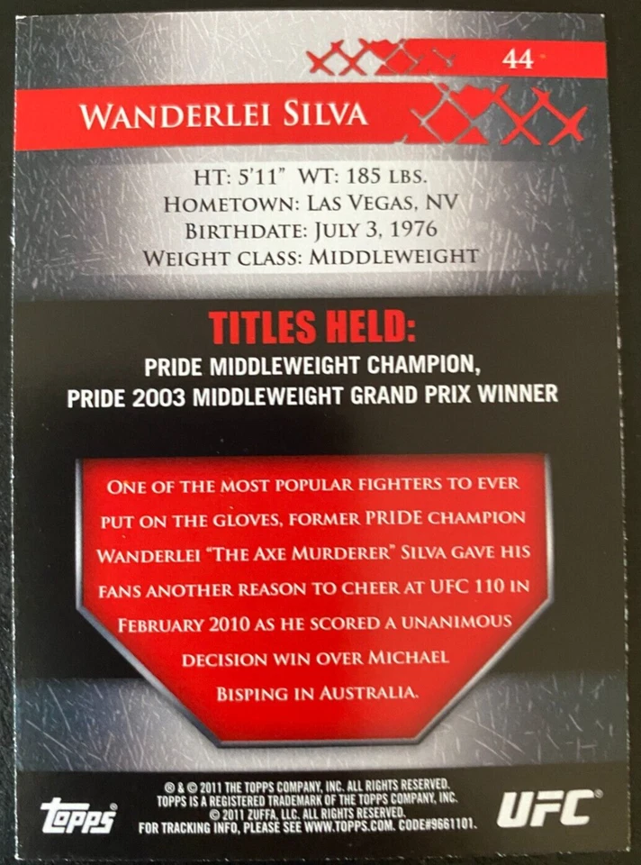 Wanderlei SILVA Topps 2011 UFC Title shot Middleweight #44 - Image 2 of 2