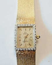 14K Yellow Gold Omega Woman's Quartz Wrist Watch With Diamond Bezel & Orig. Box