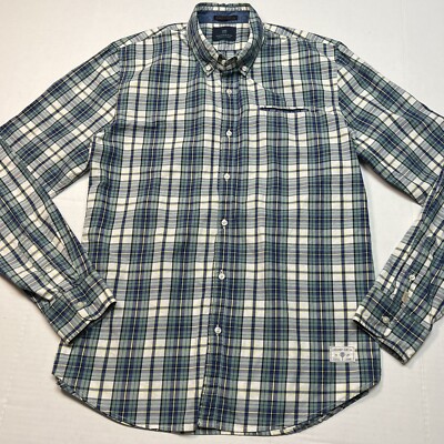 Scotch & Soda Carnaby Surf Long Sleeve Shirt in Green, Blue Plaid Size: Large