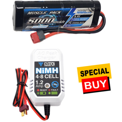 NHX RC 8.4V 5000mAh 7-Cell Nimh Hump Battery w/DEANS Connector / ezWall  Charger