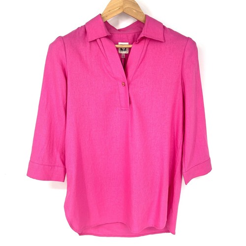 ANNE KLEIN Tunic Top Blouse Womens XS Linen Blend Pink 3/4 Sleeve V-Neck NWT