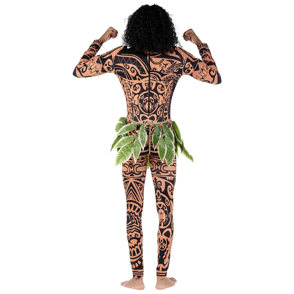 Mens Maui Costume Adult Tattoo Warrior Hawaiian Polynesian Demi God Bodysuit - Image 3 of 4