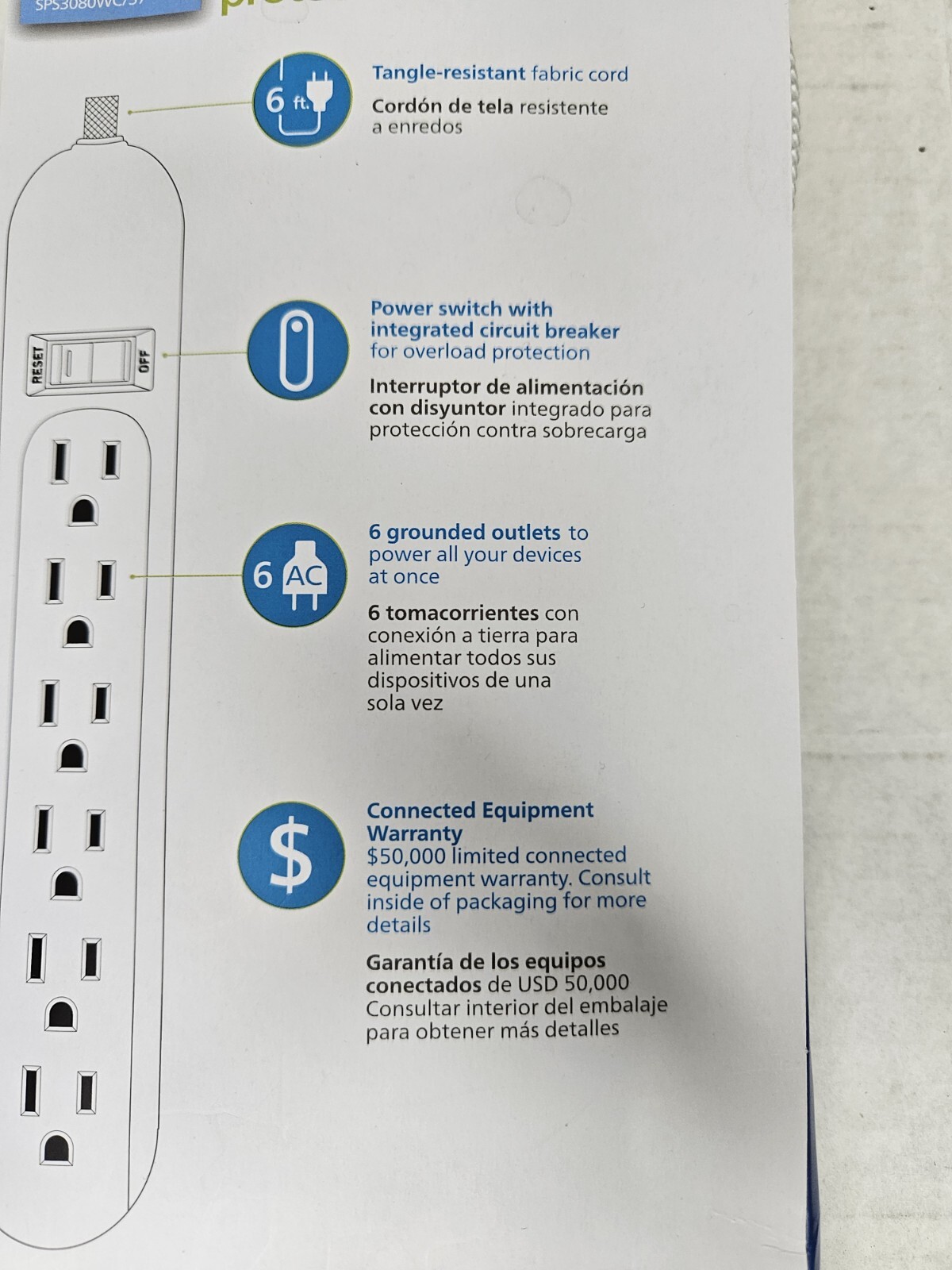 Phillips 6 Foot 6 Outlet Power Strip Braided Cord Gray/White